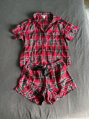 Victoria’s Secret Cozy Boxer Short Flannel Pajama Set Bright Tartan Plaid Preppy